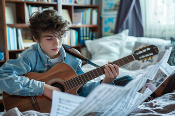 Teenage boy composing music while playing guitar in room