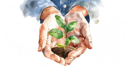 Watercolor illustration of hands holding a young plant against a white background, in the concept for environment protection or world eco day