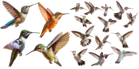 Obraz premium Hummingbird Birds in Flight Collection Set Isolated on Transparent or White Background, PNG