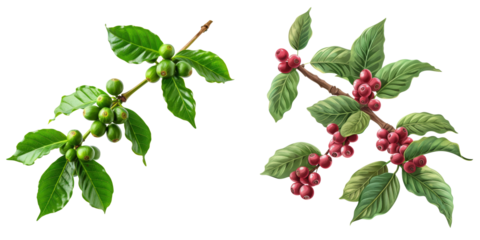 Coffee Tree Branch with Unripe Coffee Cherries Set Isolated on Transparent or White Background, PNG