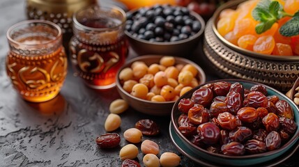 ramadan iftar food and oriental lantern on white table dried dates fruit in crescent moon plate ramadan fasting.illustration