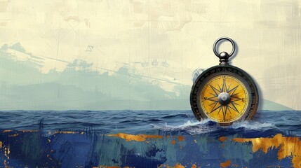a minimalistic collage of adventure and exploration, featuring an illustration of a compass with a map