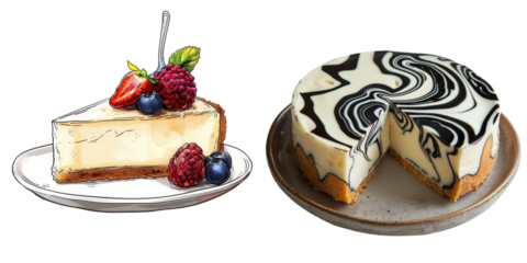 Cheesecake Ink Lines Isolated on Transparent or White Background, PNG