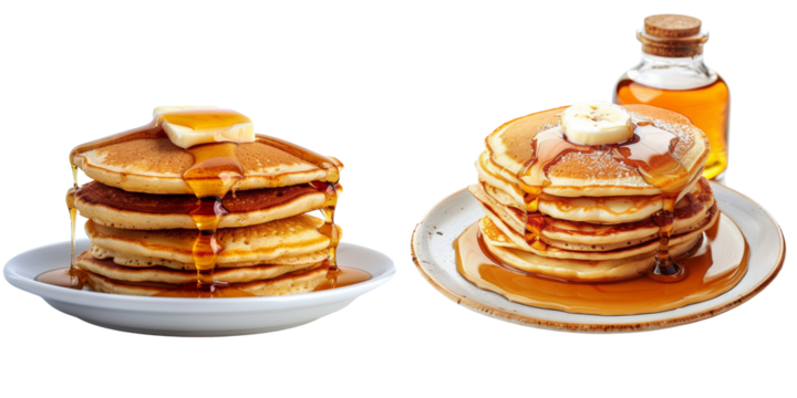 Stack of Fluffy Pancakes Maple Syrup Set Isolated on Transparent or White Background, PNG