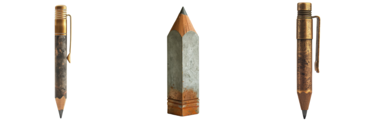 Bronze Pencil and Eraser Sculpture Isolated on Transparent or White Background, PNG