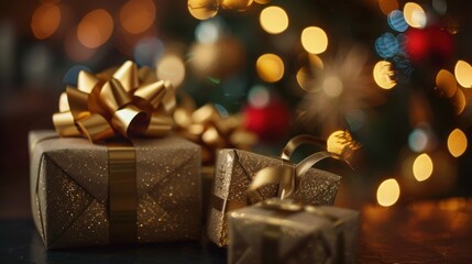 Beautifully wrapped Christmas gifts with golden ribbons under festive lighting, evoking holiday cheer and luxury.