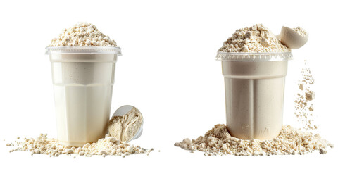 Scoop of Whey Protein Powder Shaker Bottle Set Isolated on Transparent or White Background, PNG