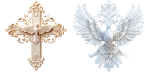 Christian Cross and Dove of Peace Set Isolated on Transparent or White Background, PNG