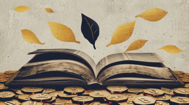 a minimalistic collage of education and knowledge, featuring an illustration of an open book with floating letters and numbers - Powered by Adobe