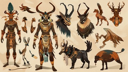 Naklejka premium Concept image of mythical creature tamer with exotic beasts, mystical landscapes, and ancient attire, in an illustrative style.