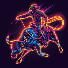 cowboy riding a bucking bull in neon colors illustration on a black background