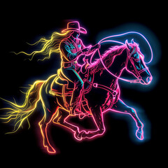 cowgirl riding a horse in neon colors illustration on a black background	

