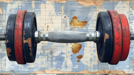 a minimalistic collage of fitness and health, featuring an illustration of a dumbbell with a heart rate monitor. 