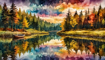 Naklejka premium A watercolor style illustration of a beautiful lake with a row boat in autumn. 