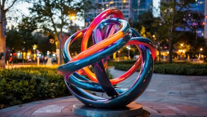 A vibrant abstract sculpture in a modern urban park.
