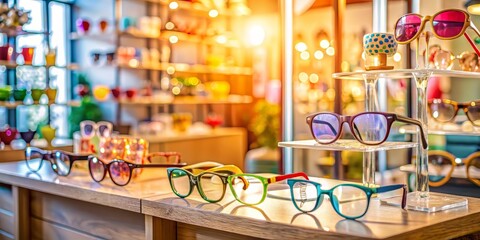 Adorable empty eyeglasses shop display featuring various stylish frames, colorful accessories, and a few utensils, with soft natural light and blurred background.