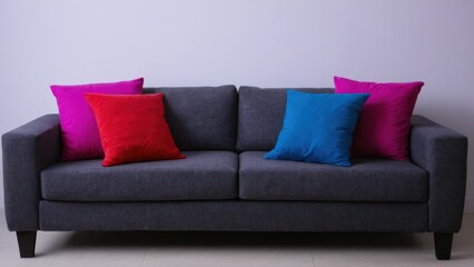 set of four different colored couches with pillows on top of each of them