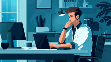 Illustration of an IT professional troubleshooting technical issues in a modern office, working individual, IT professional, hd, tech-savvy with copy space