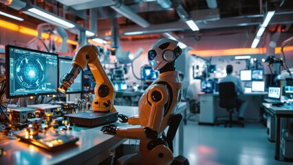 Obraz premium A futuristic laboratory with advanced technology, robots, and scientists at work.