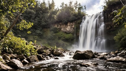 Fototapeta premium A peaceful waterfall, isolated against a pure white background.