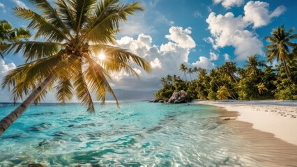 A serene island paradise with white sandy beaches, turquoise waters, and palm trees.