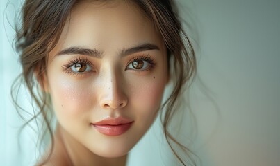 Fototapeta premium asian woman with a beautiful face and fresh smooth skin cute female model with natural makeup and sparkling eyes is posing on white , background.image