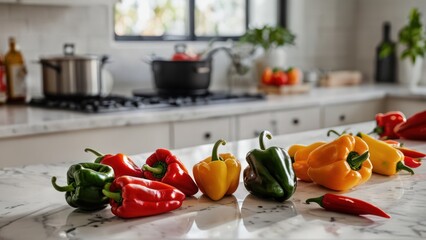 A selection of fresh peppers on a sleek white counter, beautifully photographed in natural daylight.