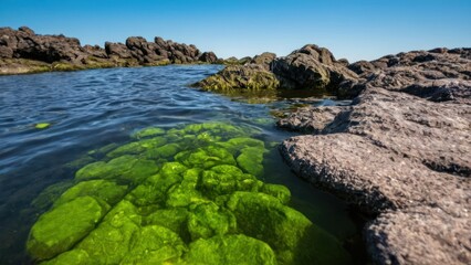 a photograph of the sun shines brightly through the water's clear, green algae covered rocks