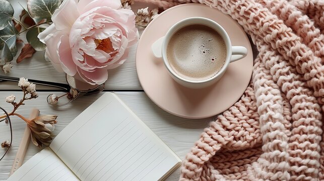 fashion blogger home office desk with woman items modern e book reader paper notepad beige scarf peonies flowers glasses top view tender minimal flat lay style composition.image
