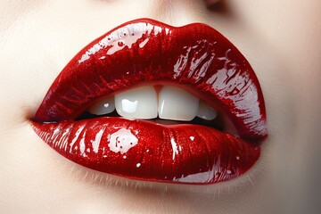 Obraz premium Close-Up Photo of Red Lips With Glossy Finish