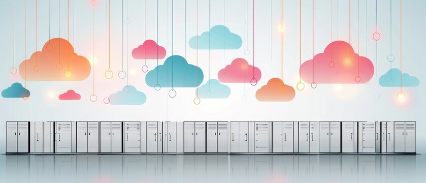 Cloud computing concept with colorful clouds and server racks representing data storage and network connectivity.