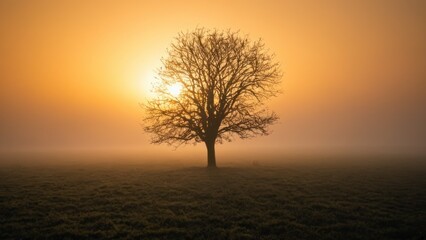 lone tree in a foggy field with the sun setting in the back ground