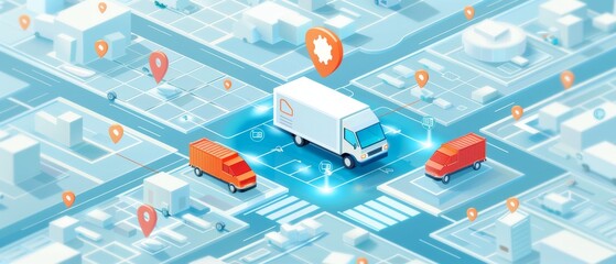 Digital logistics concept with trucks and maps, depicting delivery service and location tracking in a modern urban setting.