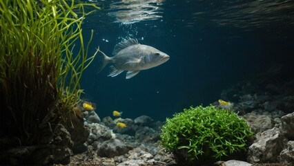 Fototapeta premium fish swimming under the surface of a body of water surrounded by plants and rocks