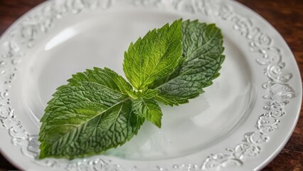 A fresh green mint leaf with veins showing, on a white plate.