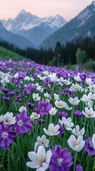 Obraz premium Purple and white flowers growing in a meadow in the mountains.