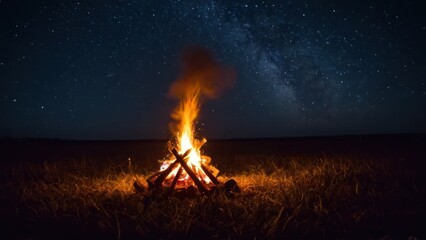 campfire in the middle of a field under a night sky filled with stars