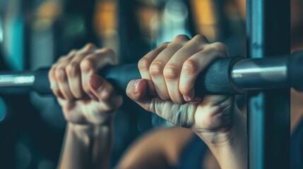 Close-up view of hands gripping a pull-up bar during workout in the gym. Strength, fitness, and determination concept.