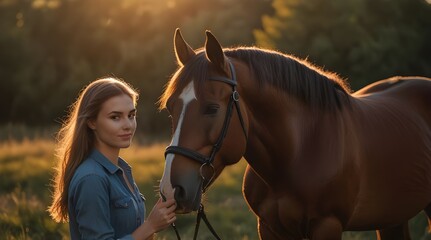 Obraz premium Young woman with her horse in evening sunset light.generative.ai