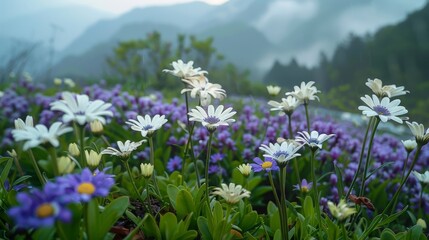 Purple and white flowers growing in a meadow in the mountains.