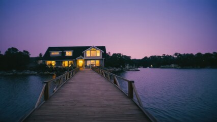 Fototapeta premium wooden bridge over a body of water with a house in the background at dusk