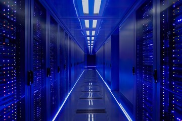 Modern server room with glowing network servers in data center. Concept of big data, cloud computing, information technology, database, and cybersecurity.
