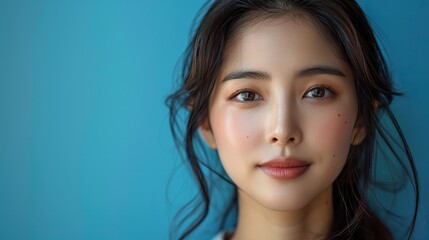 Obraz premium young asian beauty woman model long hair with natural makeup look on face and perfect clean skin apply serum , facial treatment cosmetology aesthetic plastic.image illustration
