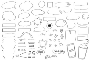 線画のゆるい吹き出し　矢印　フレーム　装飾　イラストセット
