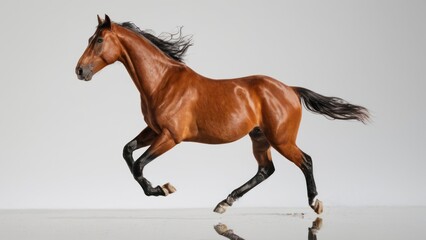 brown horse galloping on a white surface with a reflection on it's face