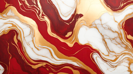  A marble surface with elegant red, gold and white swirls, creating a stunning visual contrast.