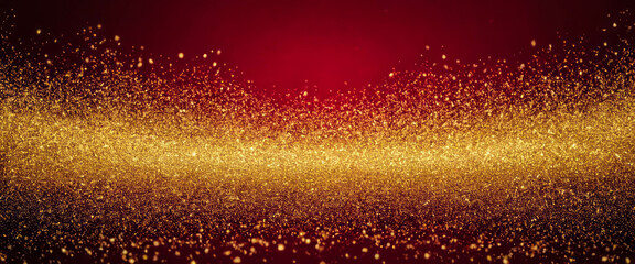 Abstract background with gold glitter particles scattered on a deep red background