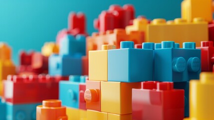 Fototapeta premium Closeup of colorful plastic building blocks on blue background with copy space.