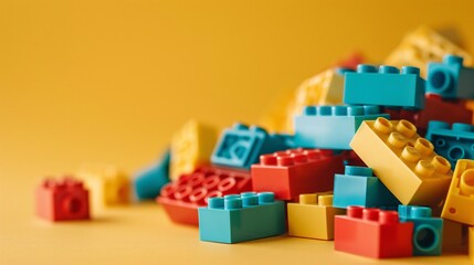 Closeup of colorful plastic building blocks on yellow background with copy space.