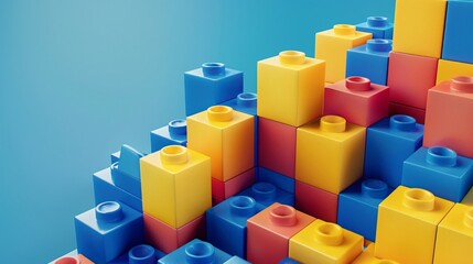 Naklejka premium Closeup of colorful plastic building blocks on blue background with copy space.
